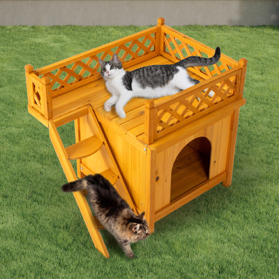 2 Storey Wooden Wildcat House Dog House For Outdoor And Indoor, Pet House With Stairs, Yellow