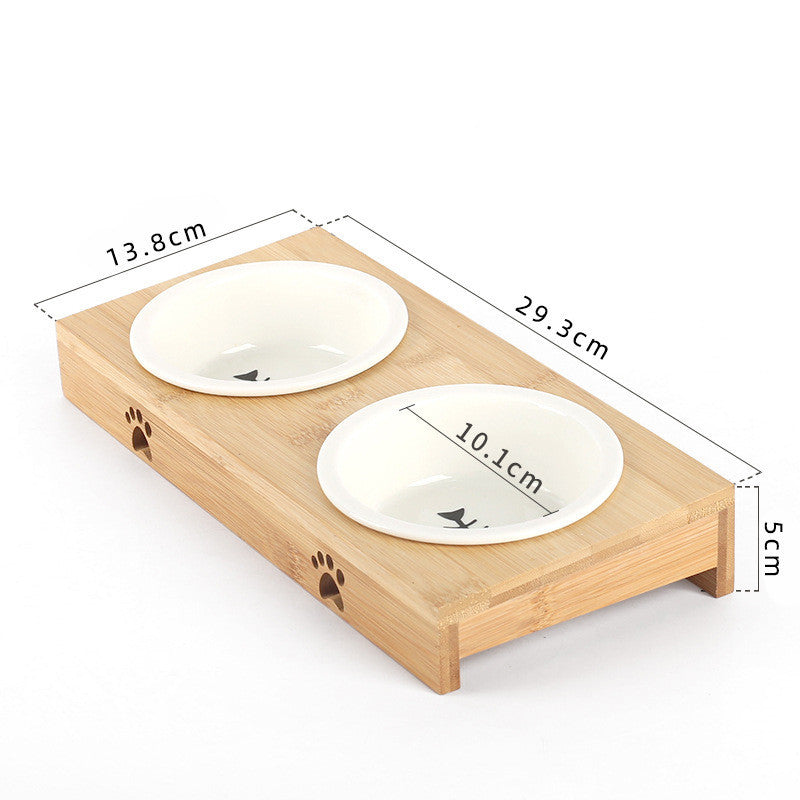 Pet Ceramic Bamboo Frame Double Bowl Drinking Basin