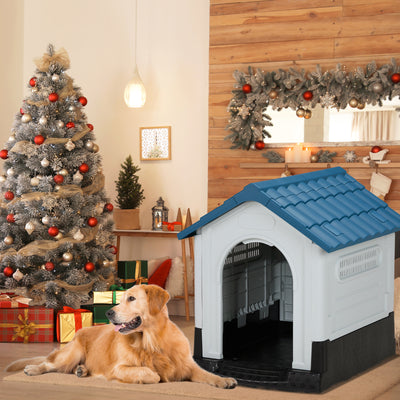 33 Inch Large Plastic Dog House, Indoor Outdoor Dog House Pet House With Vents And Raised Floors, Insulated Waterproof Puppy Shelter Kennel