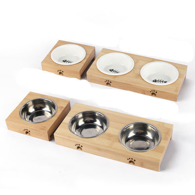 Pet Ceramic Bamboo Frame Double Bowl Drinking Basin