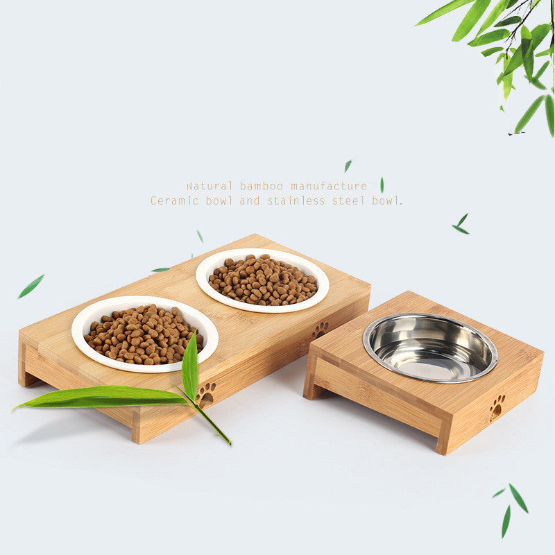 Pet Ceramic Bamboo Frame Double Bowl Drinking Basin