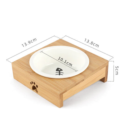 Pet Ceramic Bamboo Frame Double Bowl Drinking Basin