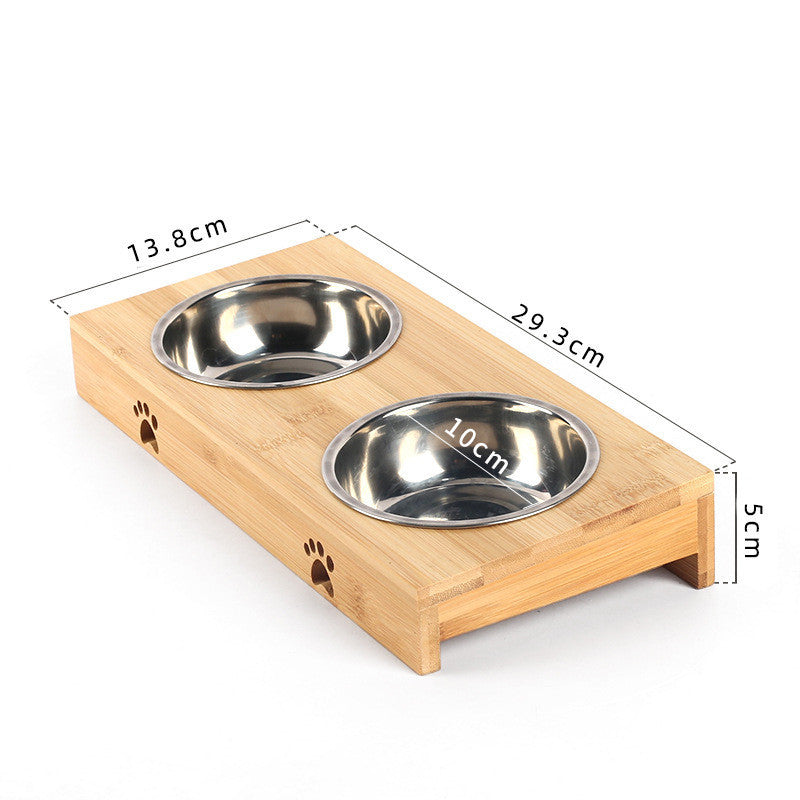 Pet Ceramic Bamboo Frame Double Bowl Drinking Basin