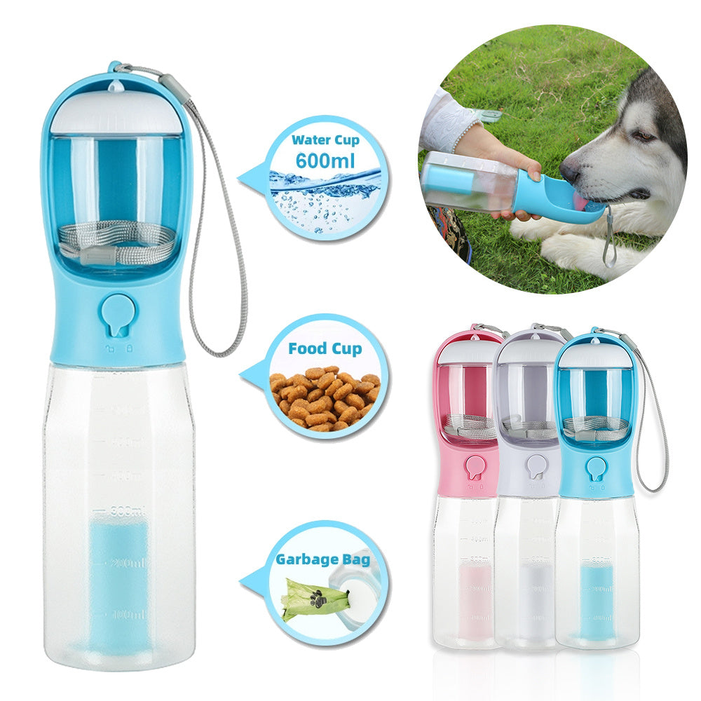 Portable Cat Dog Water Bottle Food Feeder Drinker Poop Dispenser 3 In
