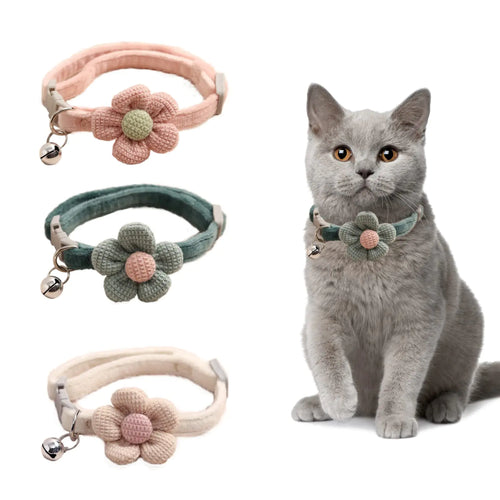 3 PCS Kitten Collar with Bell Cat Collar with Flower Charms Adjustable Suede Cute Cat Collar for Puppy or Cat (Pink White Green)