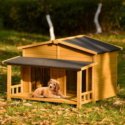 Large Wooden Dog House Outdoor Hut Style With Porch, 2 Doors