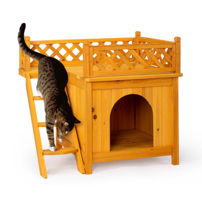 2 Storey Wooden Wildcat House Dog House For Outdoor And Indoor, Pet House With Stairs, Yellow