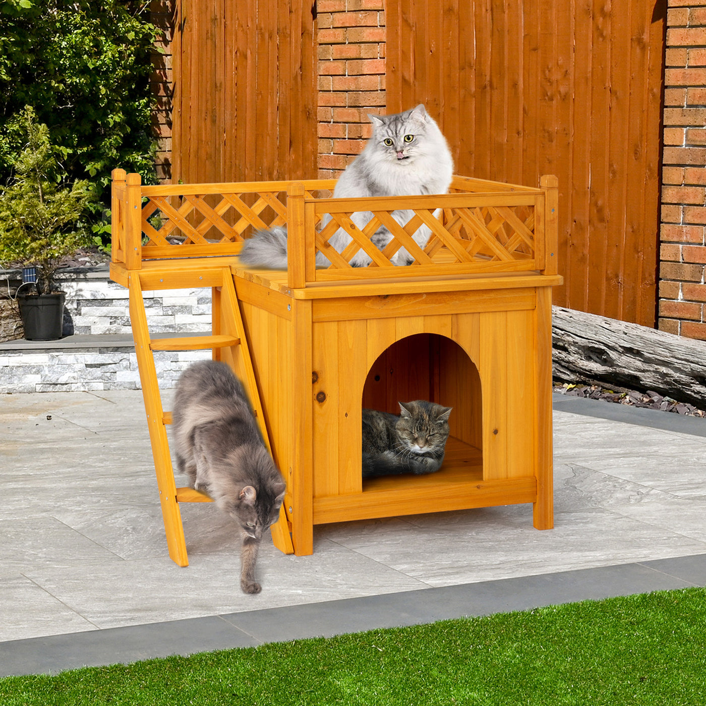 2 Storey Wooden Wildcat House Dog House For Outdoor And Indoor, Pet House With Stairs, Yellow