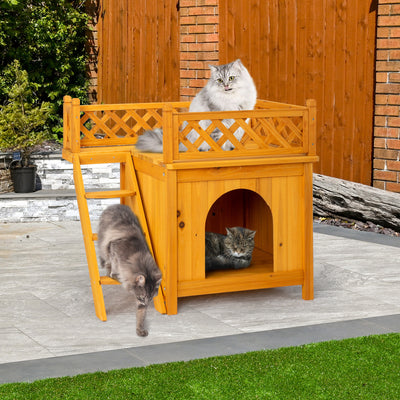 2 Storey Wooden Wildcat House Dog House For Outdoor And Indoor, Pet House With Stairs, Yellow