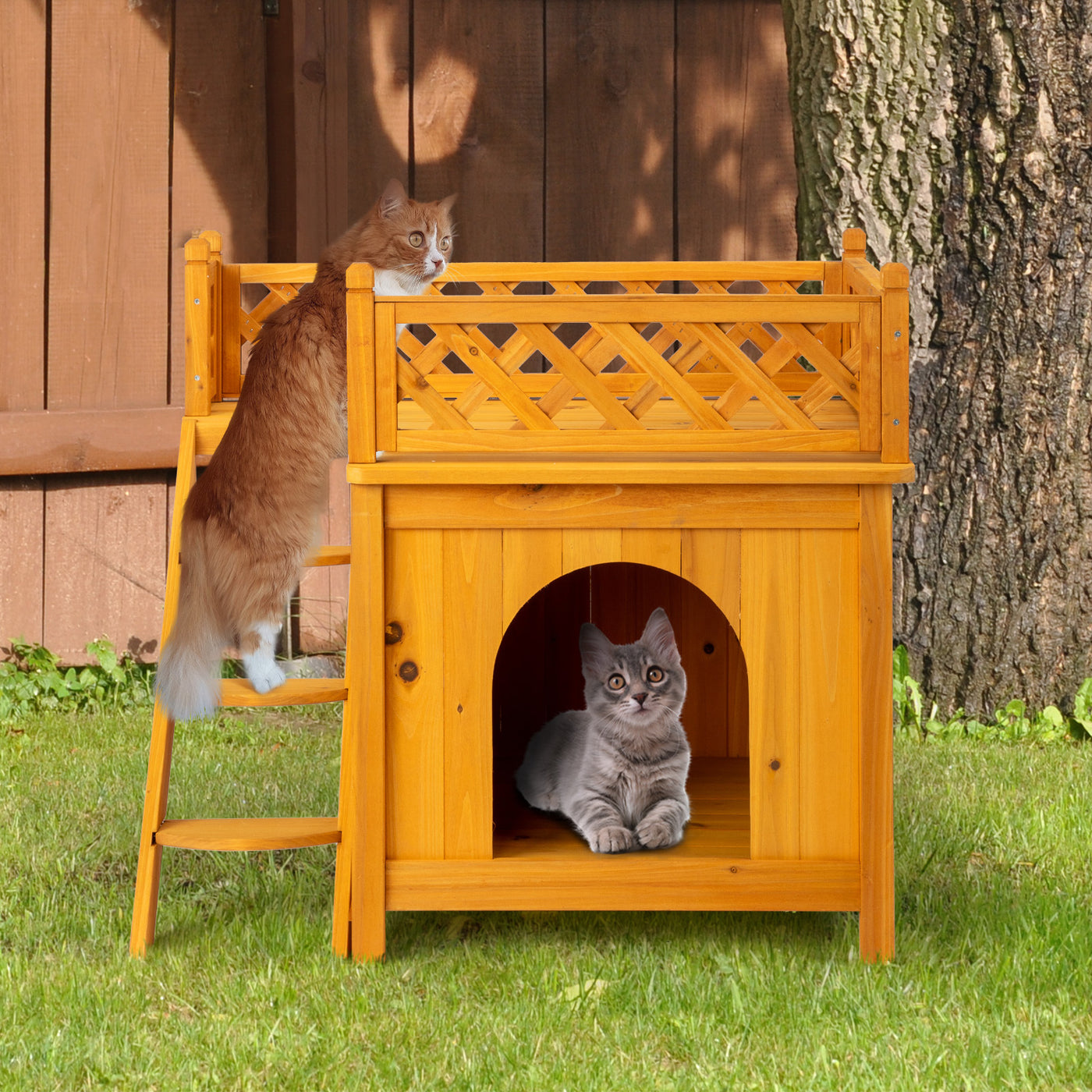 2 Storey Wooden Wildcat House Dog House For Outdoor And Indoor, Pet House With Stairs, Yellow